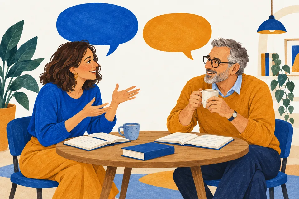 Ilustracja dorosłych kursantów ćwiczących codzienną rozmowę przy wspólnym stole