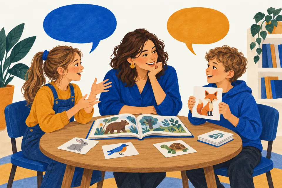 Ilustracja dzieci uczących się języka z lektorką poprzez opowiadanie i karty obrazkowe
