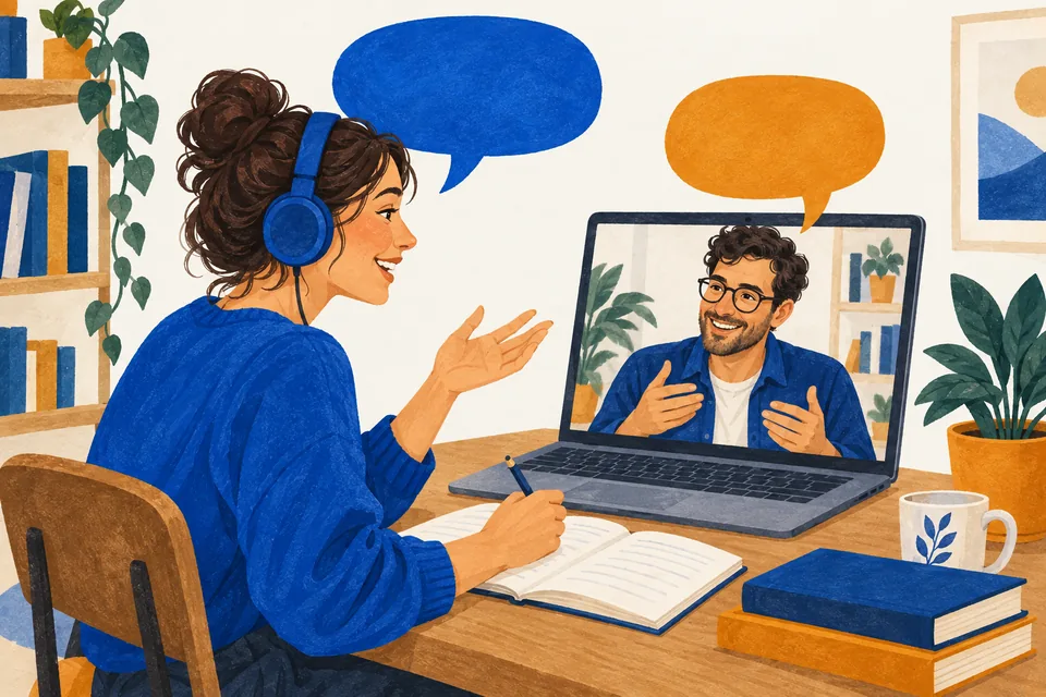 Ilustracja lekcji angielskiego online z lektorem na ekranie