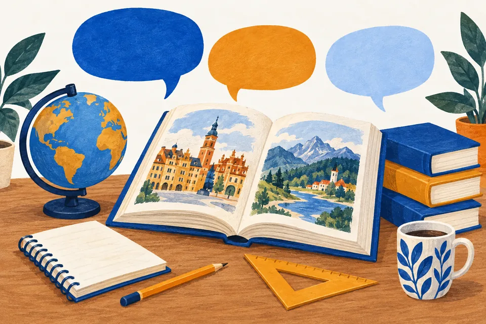 Ilustracja książek językowych, globusa i przyborów do matematyki z dymkami rozmowy