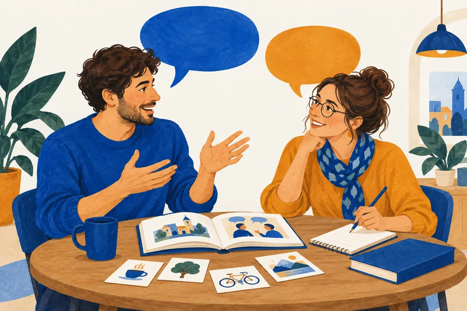 Ilustracja lektorki i kursanta ćwiczących rozmowę z książką i kartami obrazkowymi